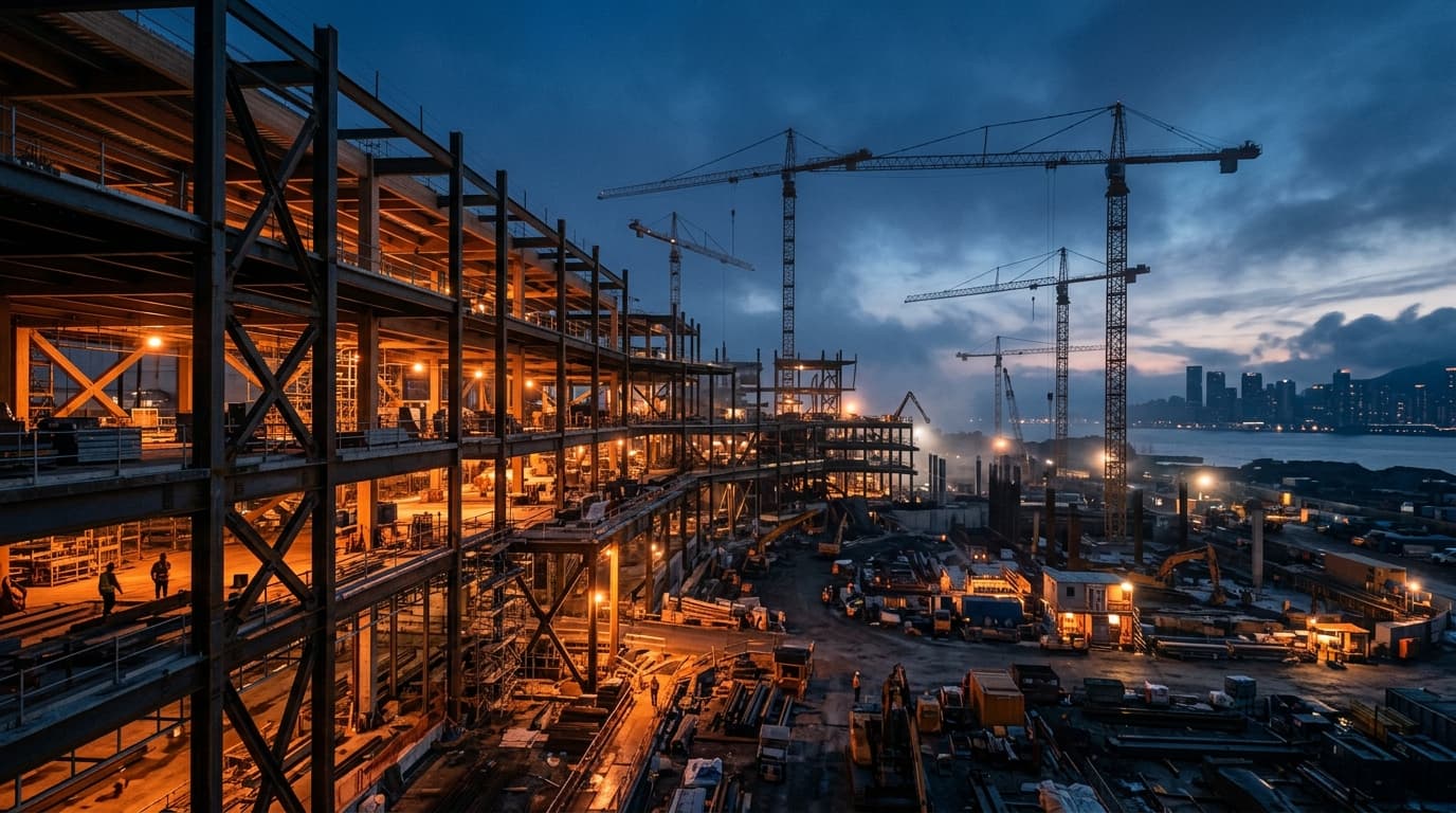 Australian commercial construction site at twilight