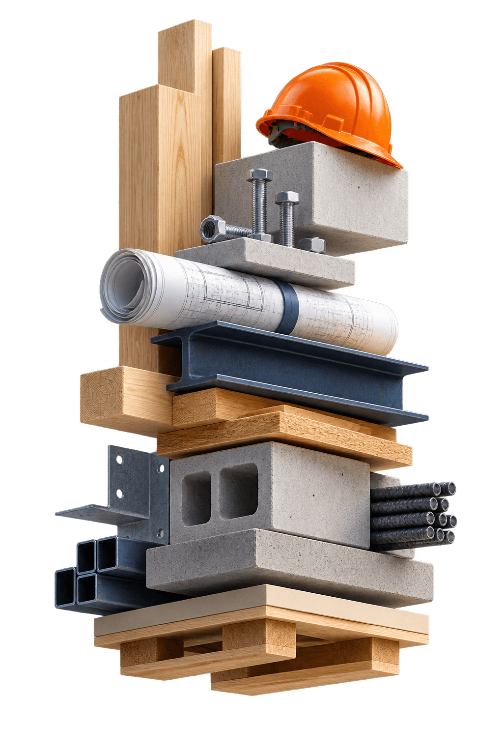 A collection of timber, steel and concrete construction materials