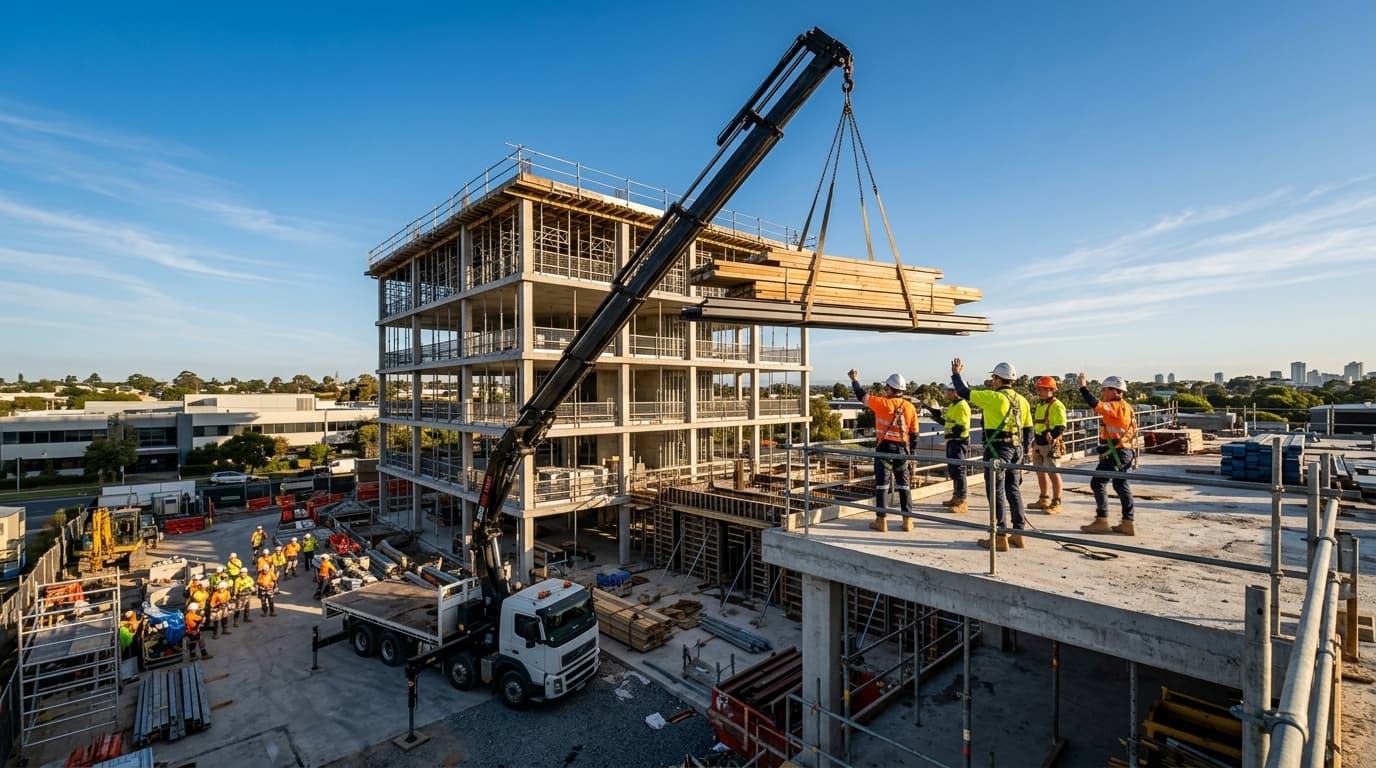 Crane placing materials on site